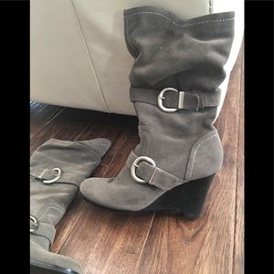 Grey suede mid calf wedge boots
